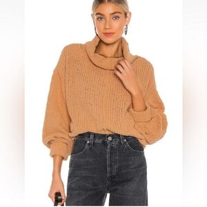 Free People Chunky Sweater Small Camel Be Yours Cowl Neck Waffle Knit 534298
